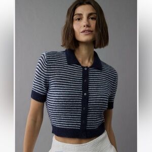 NWT AE Striped Button-Up Cropped Sweater Polo Shirt
